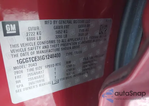 2016 Chevrolet Colorado Lt from USA, damaged, VIN 1GCGTCE36G1248400